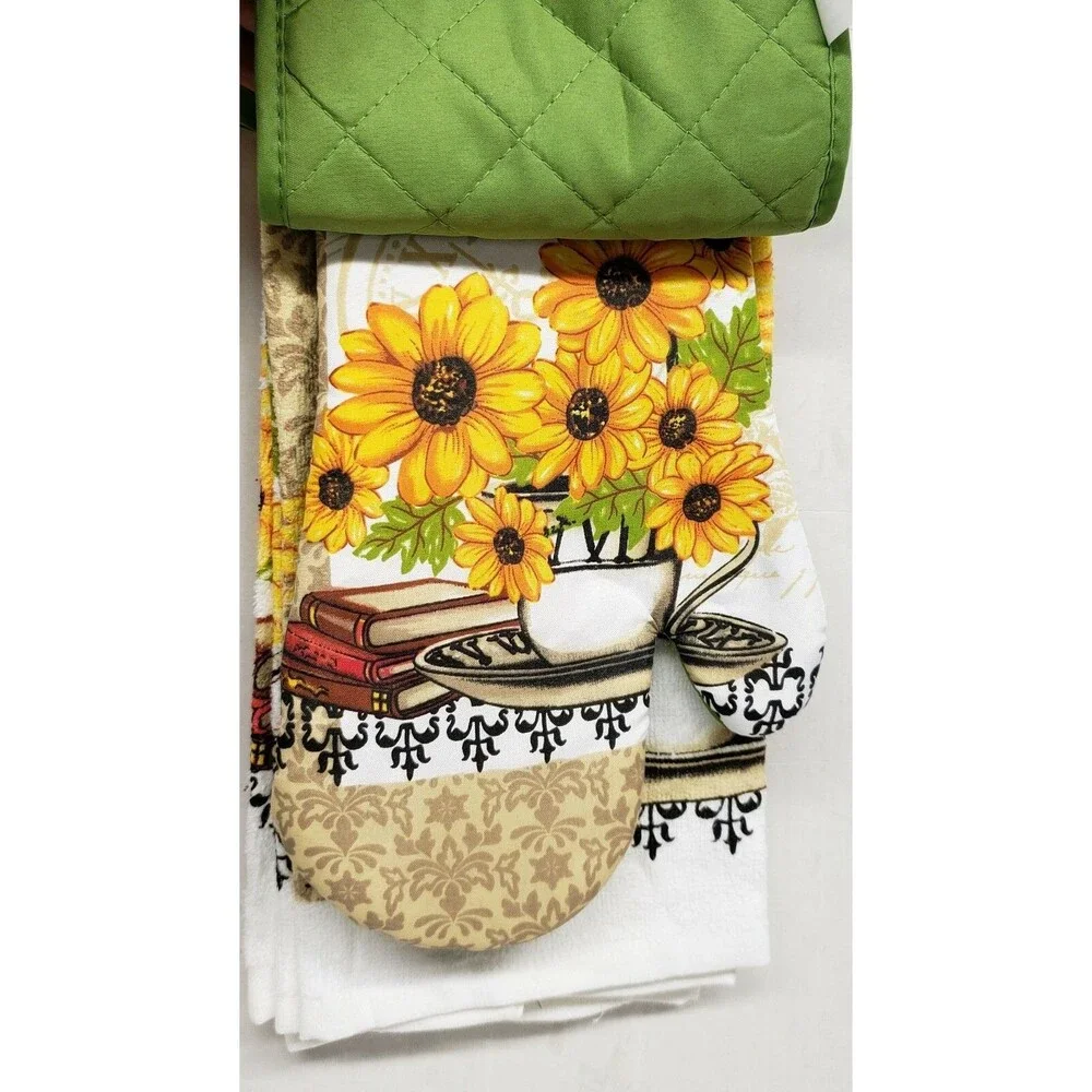 5pc Set: 2 Pot Holders, 1 Oven Mitt & 2 Same Towels, SUNFLOWERS & BOOKS,green,KC